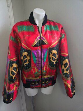 Silkworms Vintage Red Colorful Satin Bomber Jacket, Women's Large/L Equestrian
